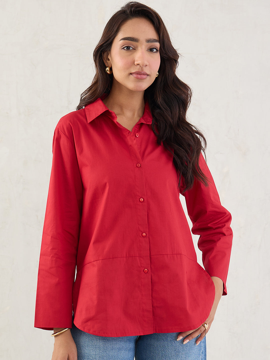 Red Poplin Button Down Shirt
