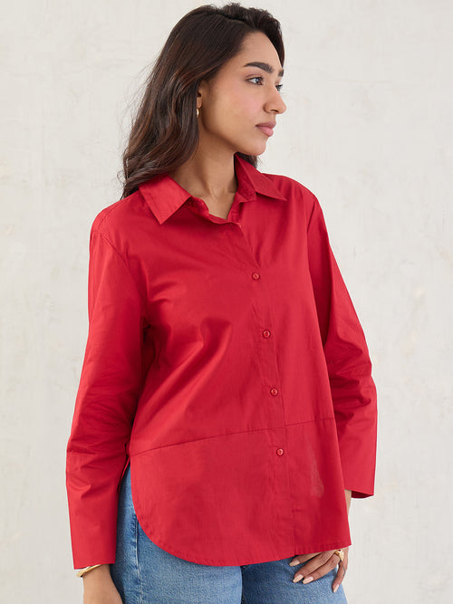 Red Poplin Button Down Shirt