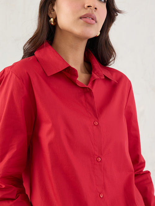 Red Poplin Button Down Shirt