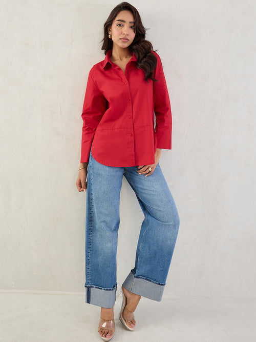 Red Poplin Button Down Shirt