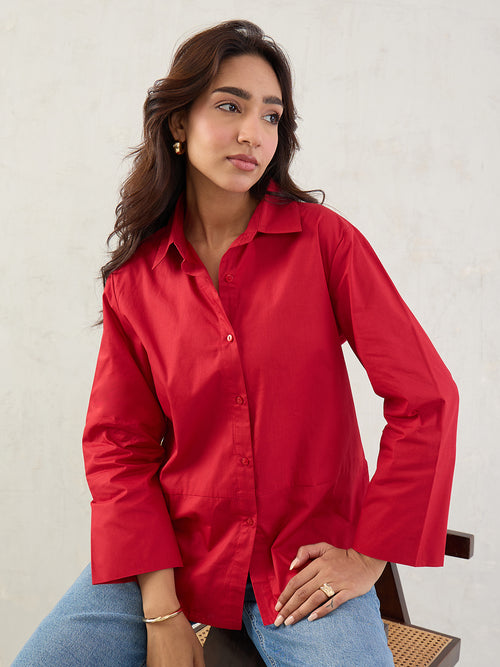 Red Poplin Button Down Shirt