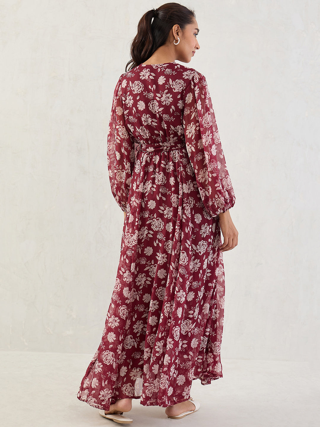 Deep Red Floral Print Wrap Maxi Dress