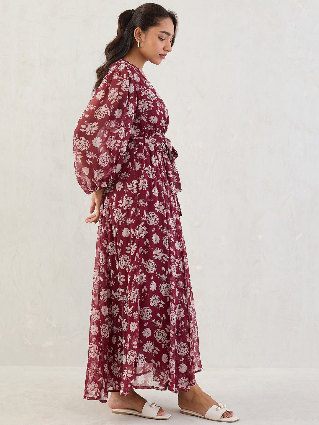 Deep Red Floral Print Wrap Maxi Dress