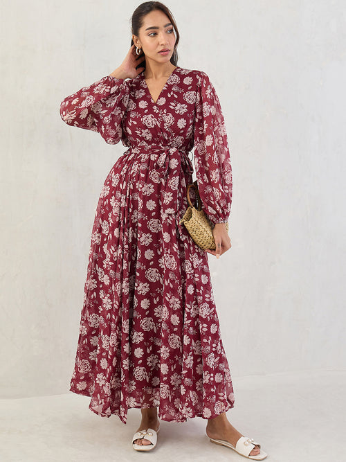Deep Red Floral Print Wrap Maxi Dress