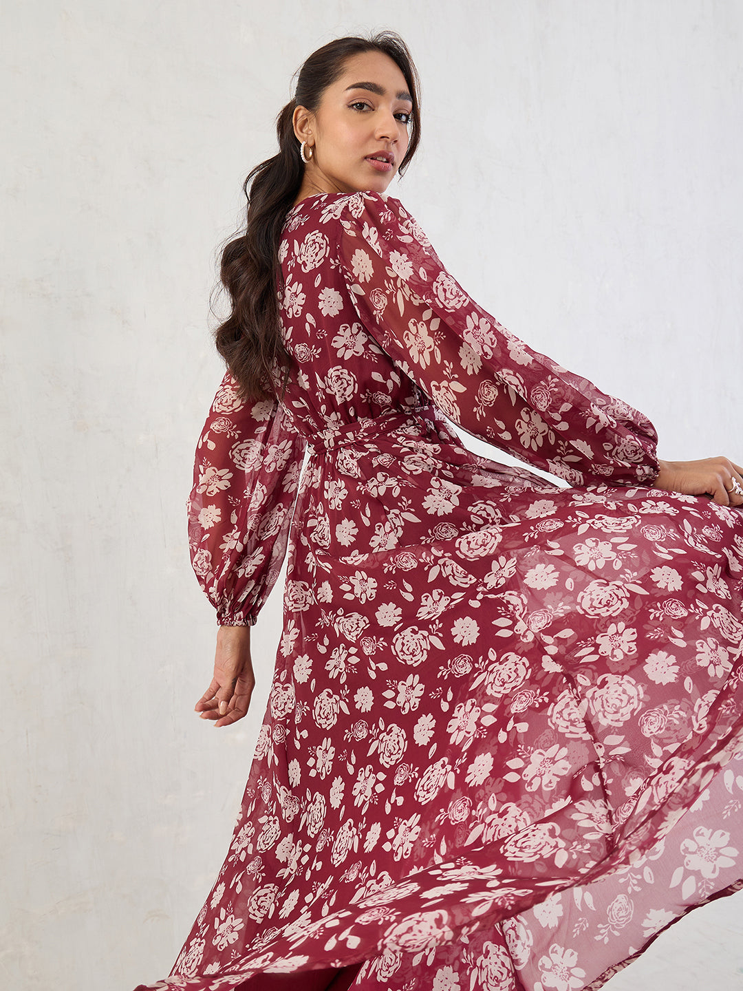Deep Red Floral Print Wrap Maxi Dress