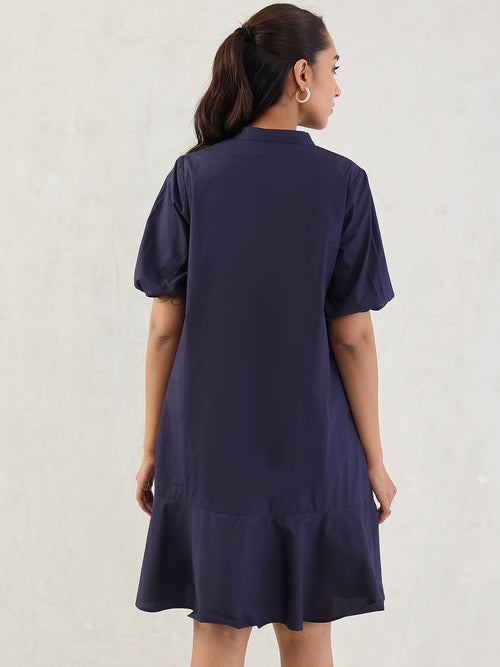 Navy Poplin Button Down Knee Length Dress