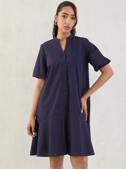 Navy Poplin Button Down Knee Length Dress