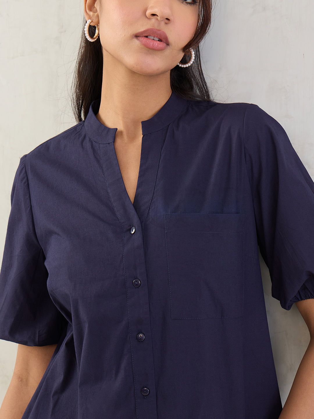 Navy Poplin Button Down Knee Length Dress