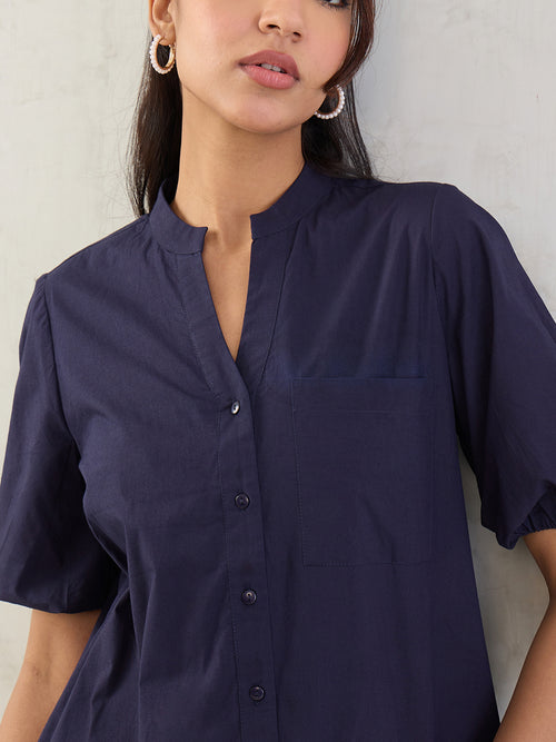Navy Poplin Button Down Knee Length Dress