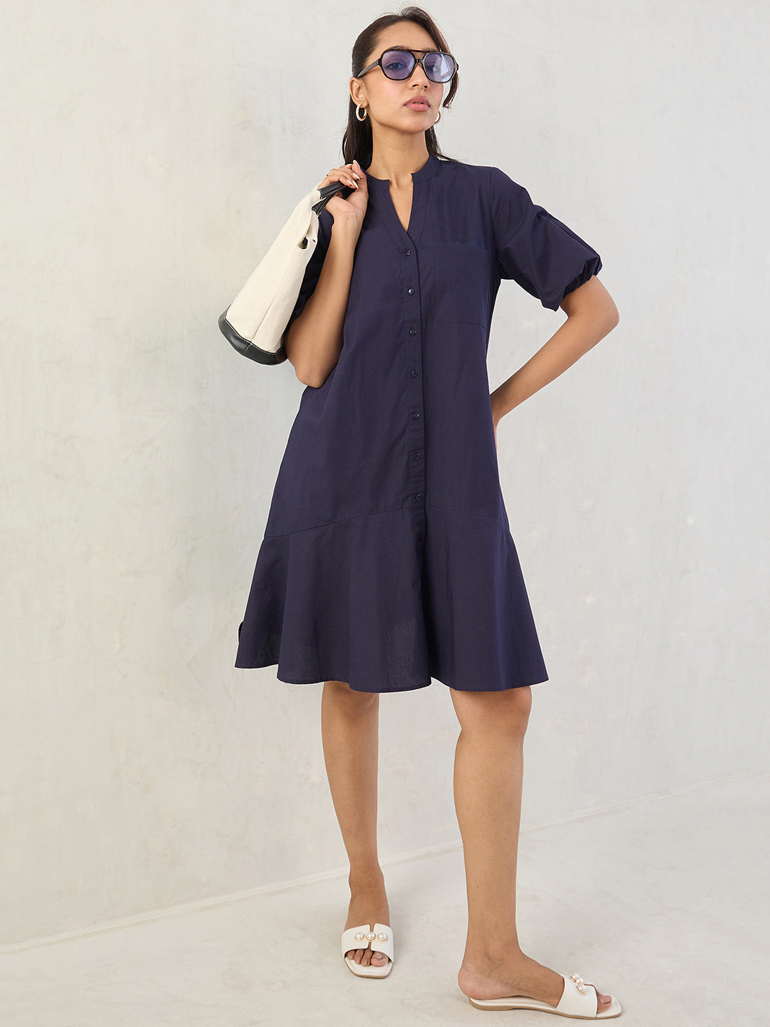 Navy Poplin Button Down Knee Length Dress