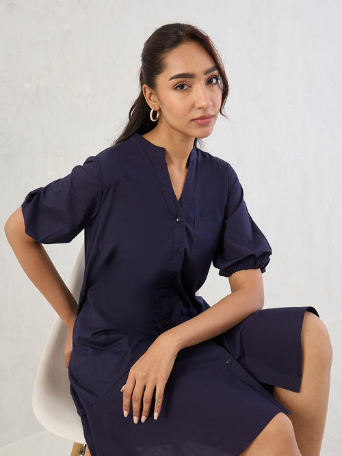 Navy Poplin Button Down Knee Length Dress