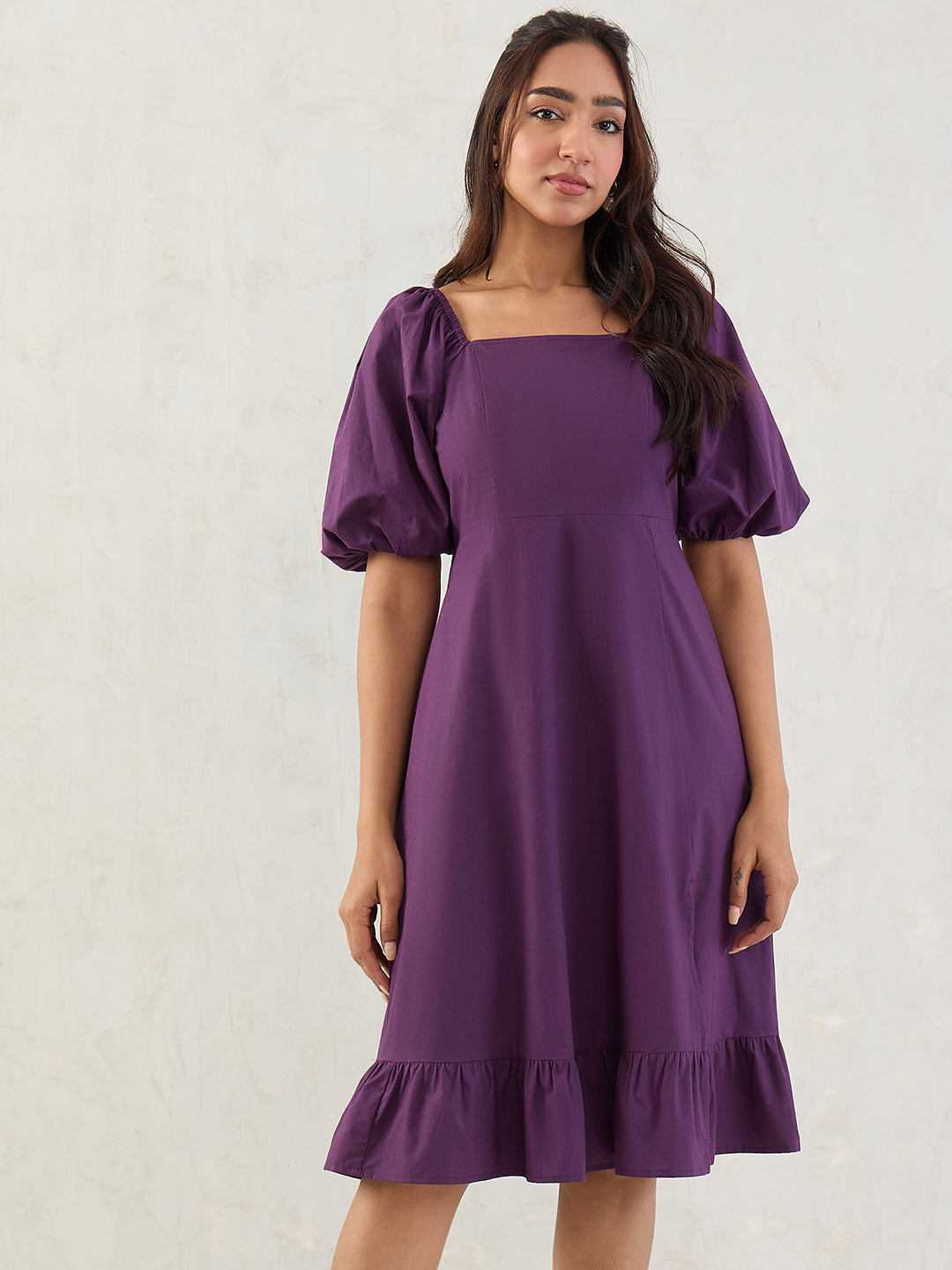 Deep Purple Poplin Square Neck Midi Dress