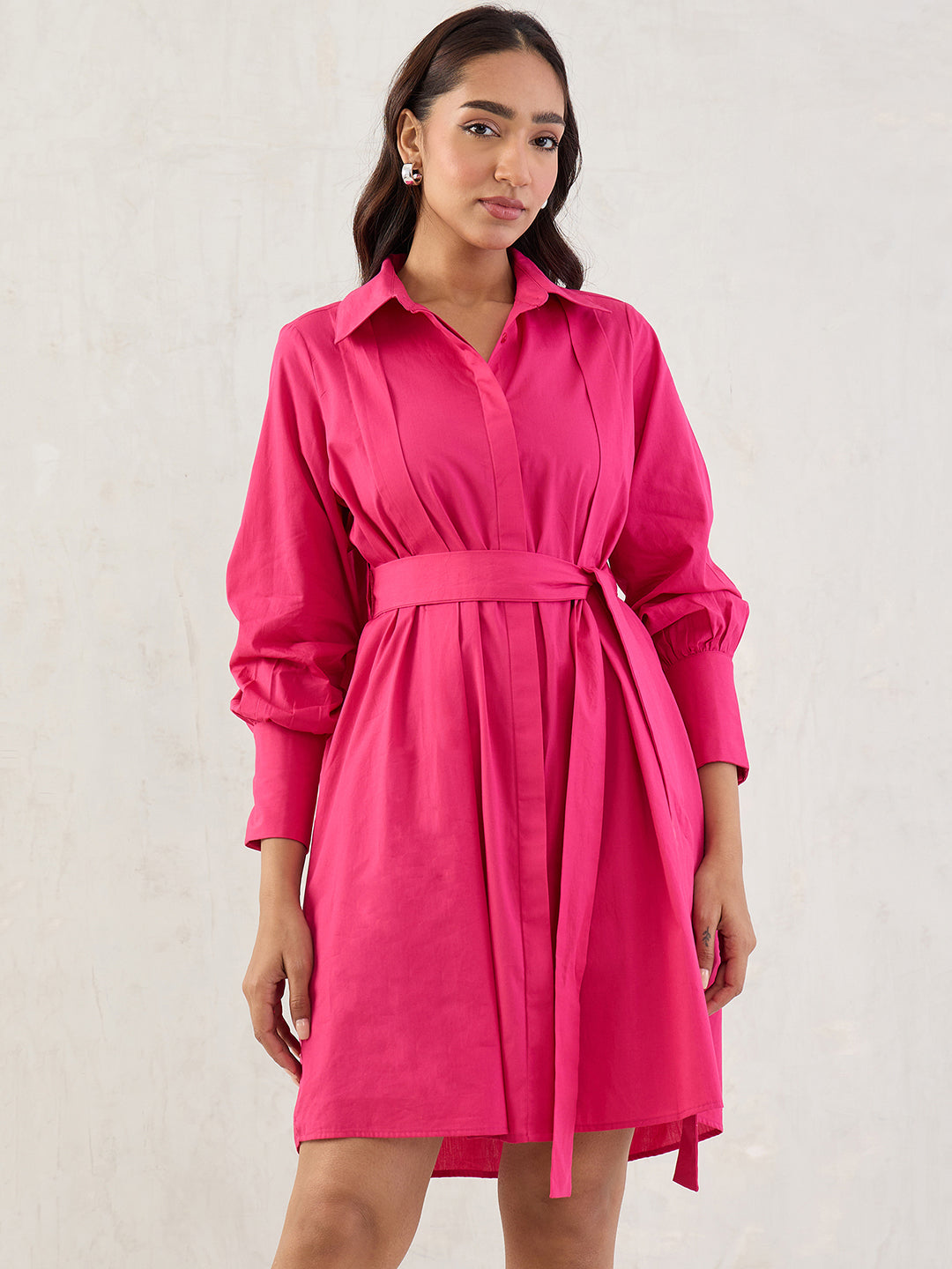Hot Pink Poplin Pleated Mini Dress