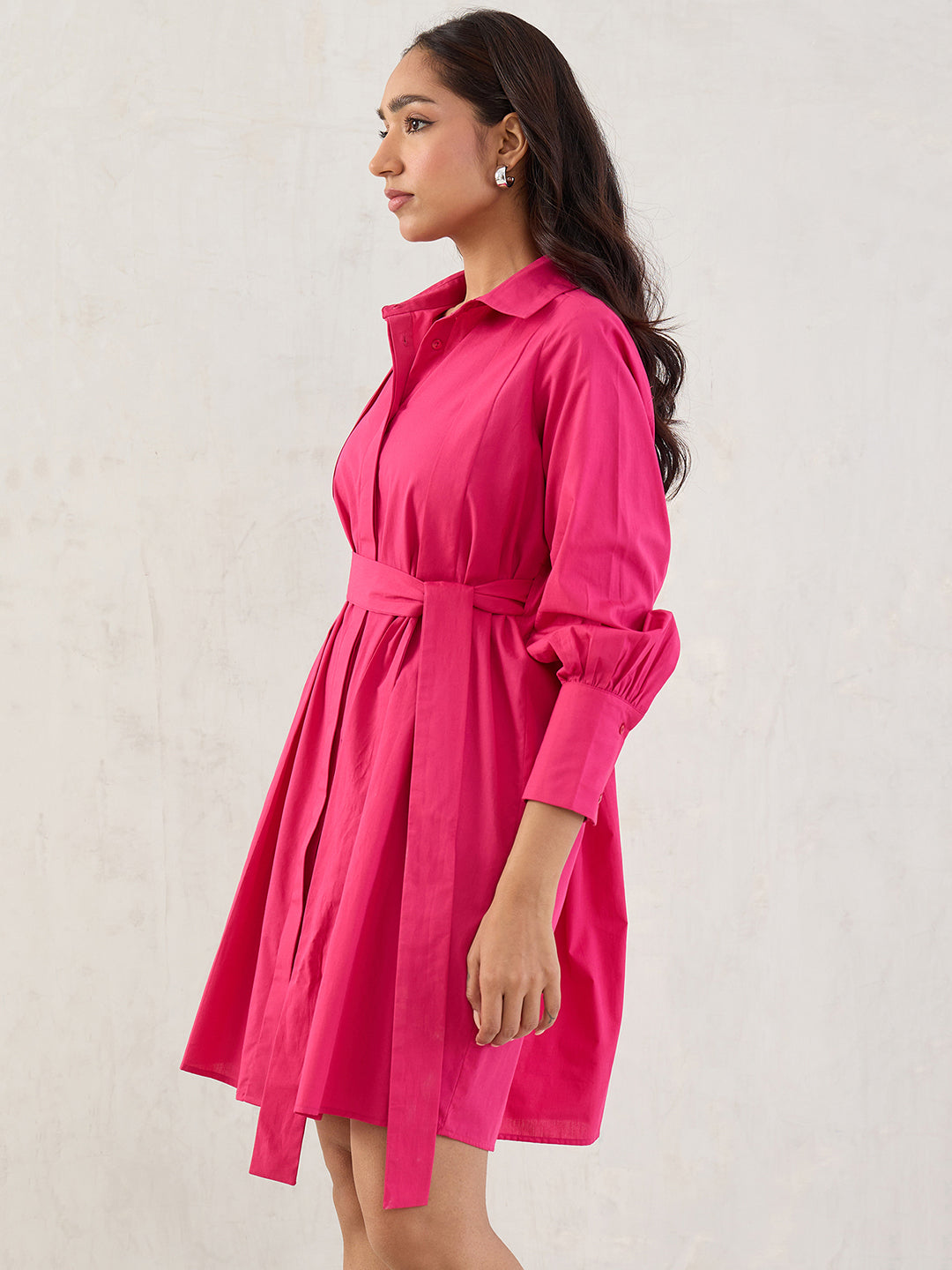 Hot Pink Poplin Pleated Mini Dress