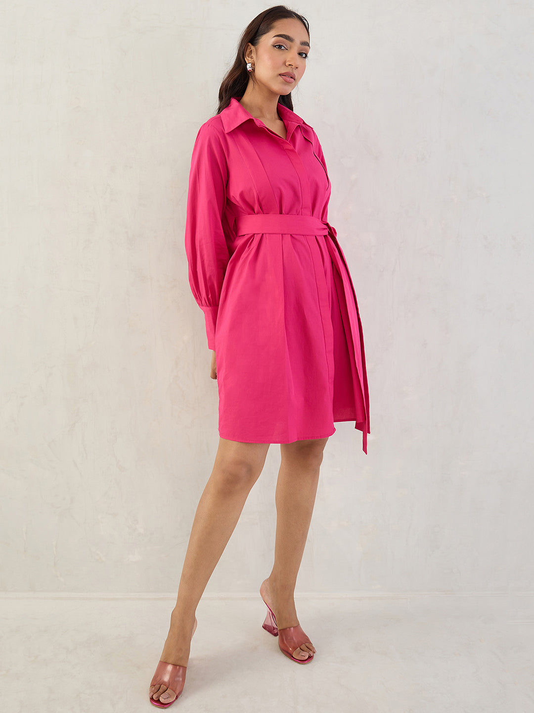 Hot Pink Poplin Pleated Mini Dress