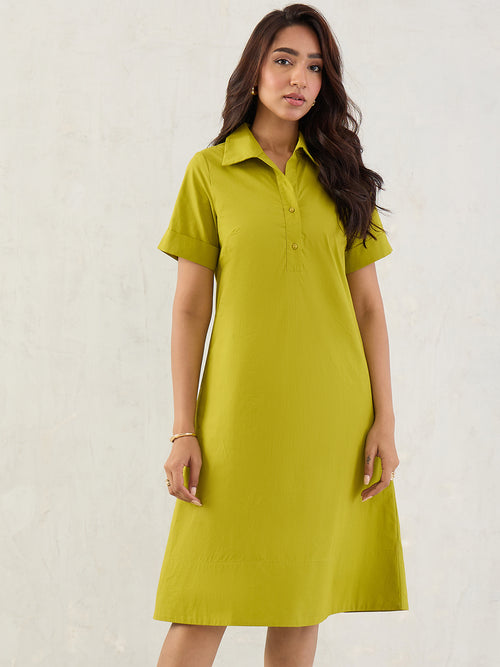 Citrine Green Poplin Midi Dress