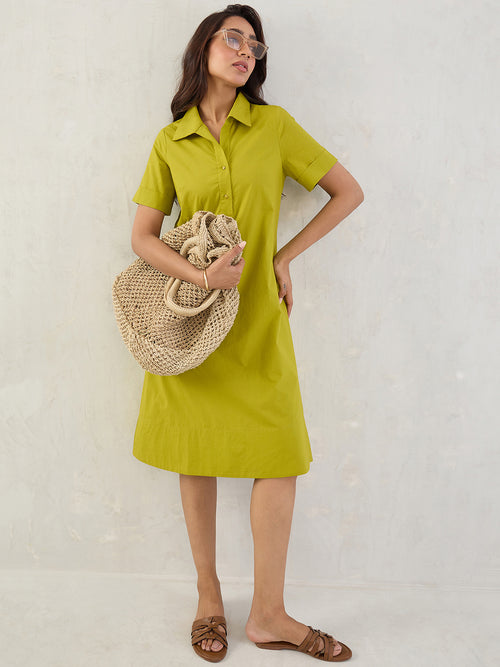 Citrine Green Poplin Midi Dress