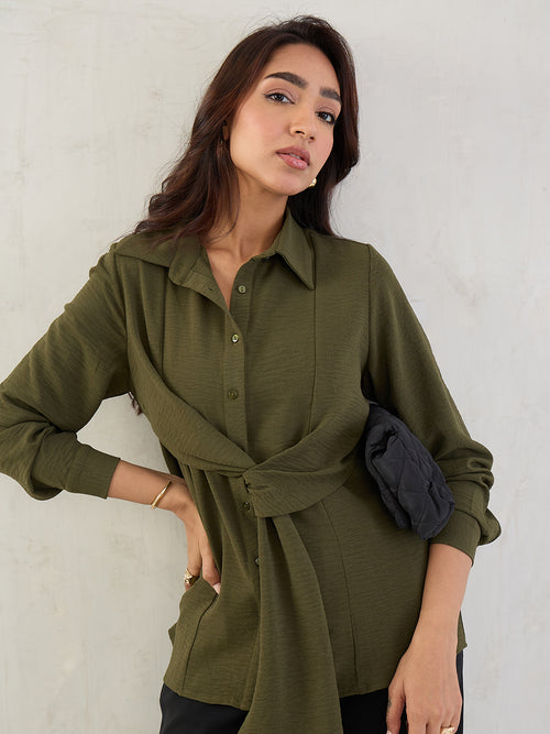 Olive Button Down Drape Shirt