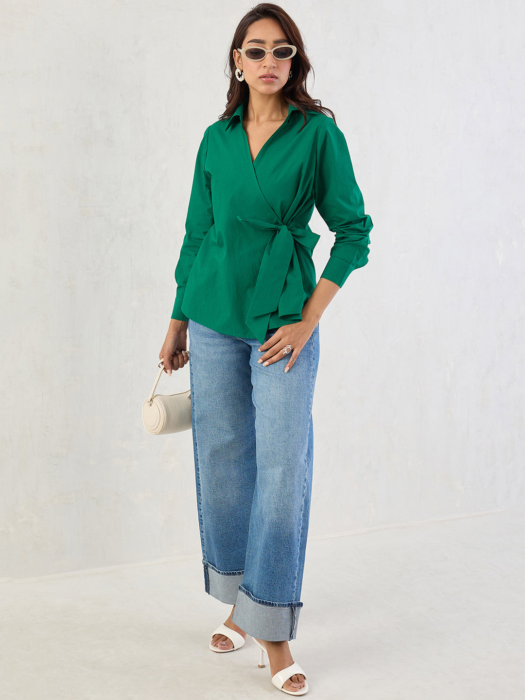 Green Poplin Wrap Top