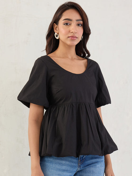 Black Poplin Bubble Hem Top