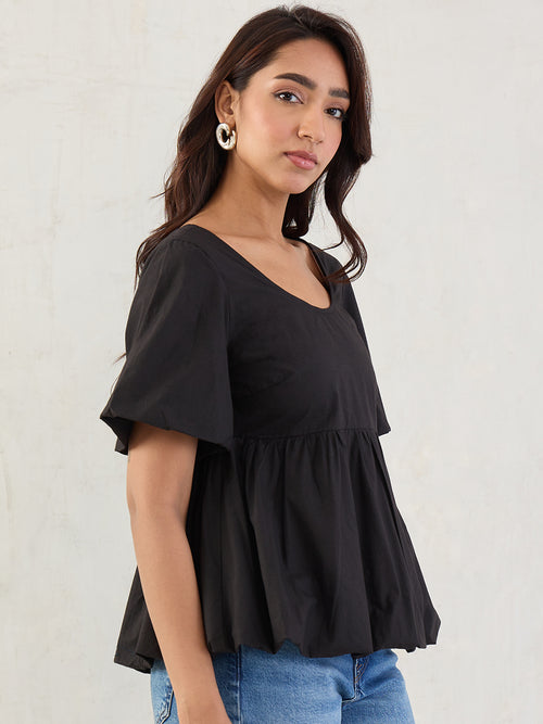 Black Poplin Bubble Hem Top