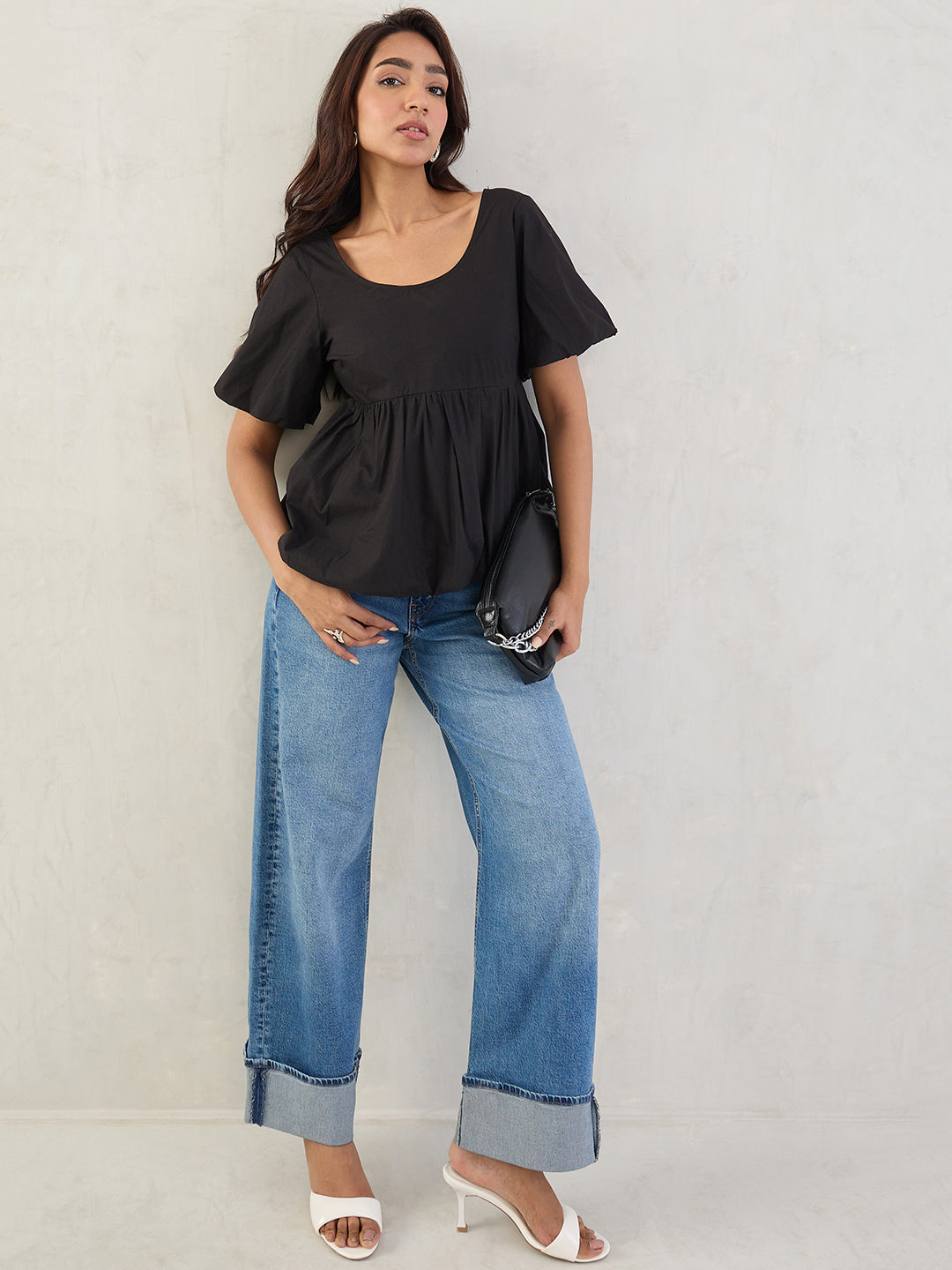 Black Poplin Bubble Hem Top
