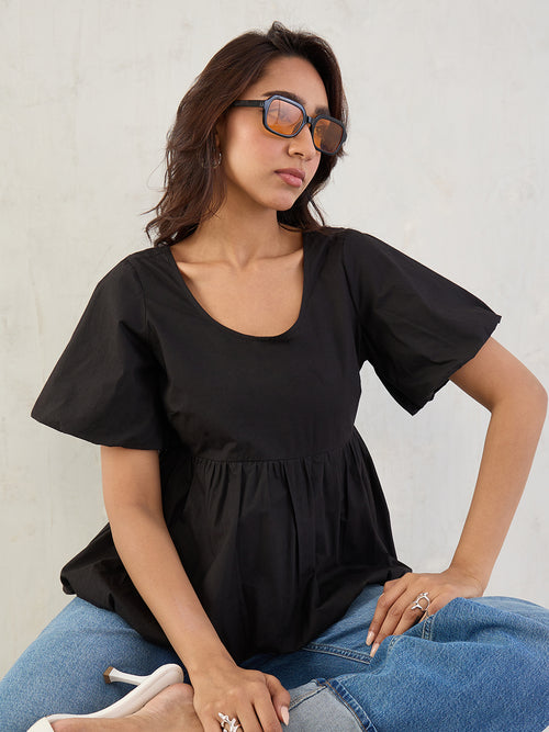 Black Poplin Bubble Hem Top
