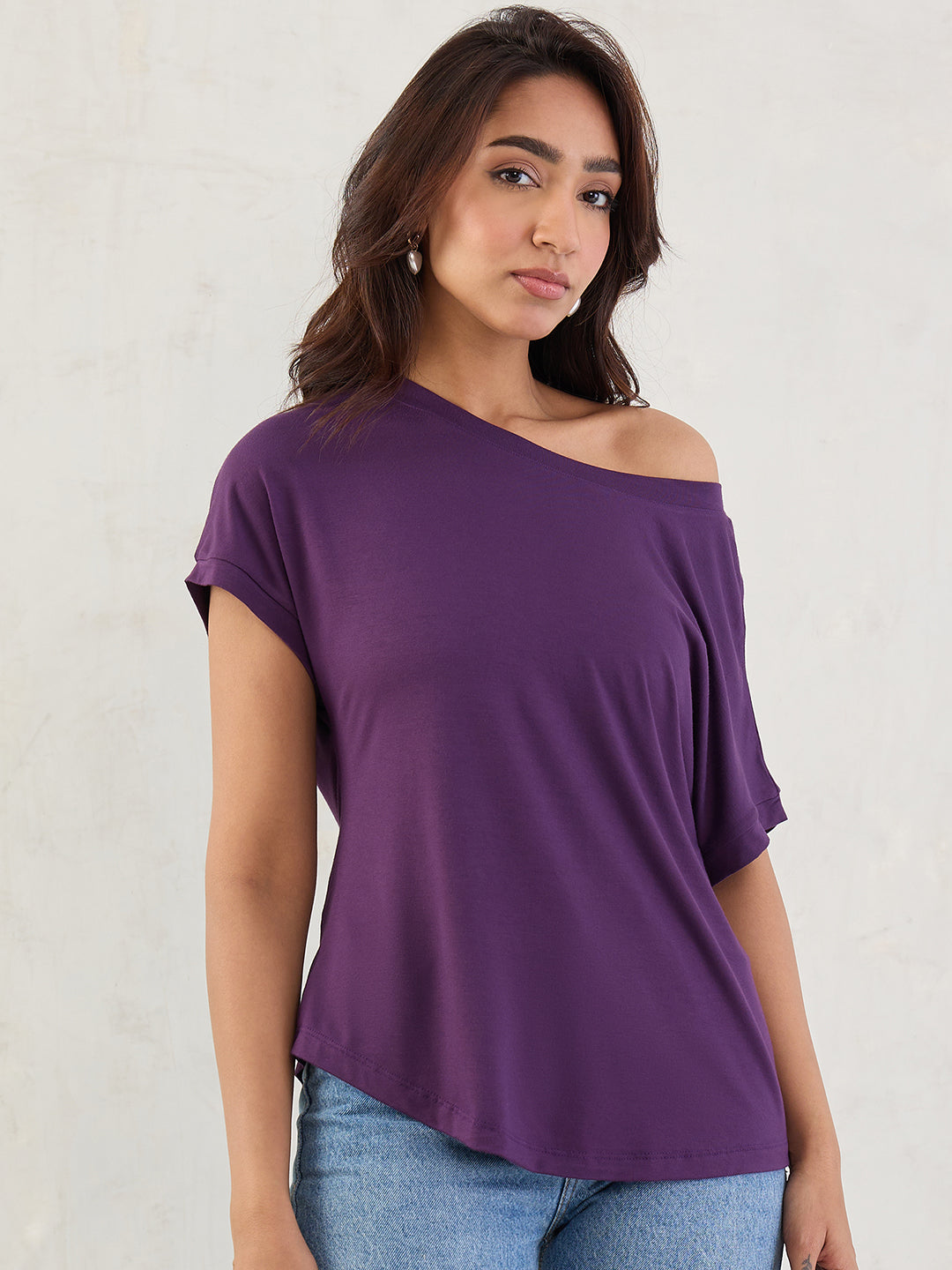 Bamboo Deep Purple Knit Off Shoulder Top