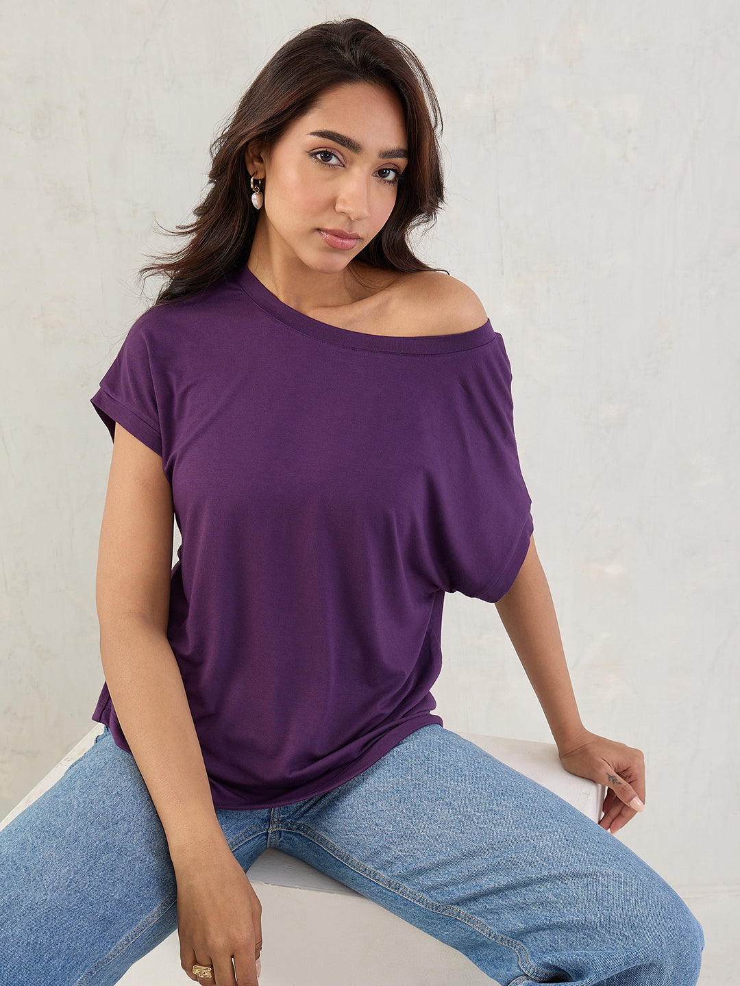 Bamboo Deep Purple Knit Off Shoulder Top