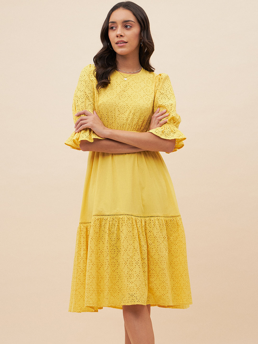 Yellow Ditsy Cotton Schiffli Tiered Midi Dress