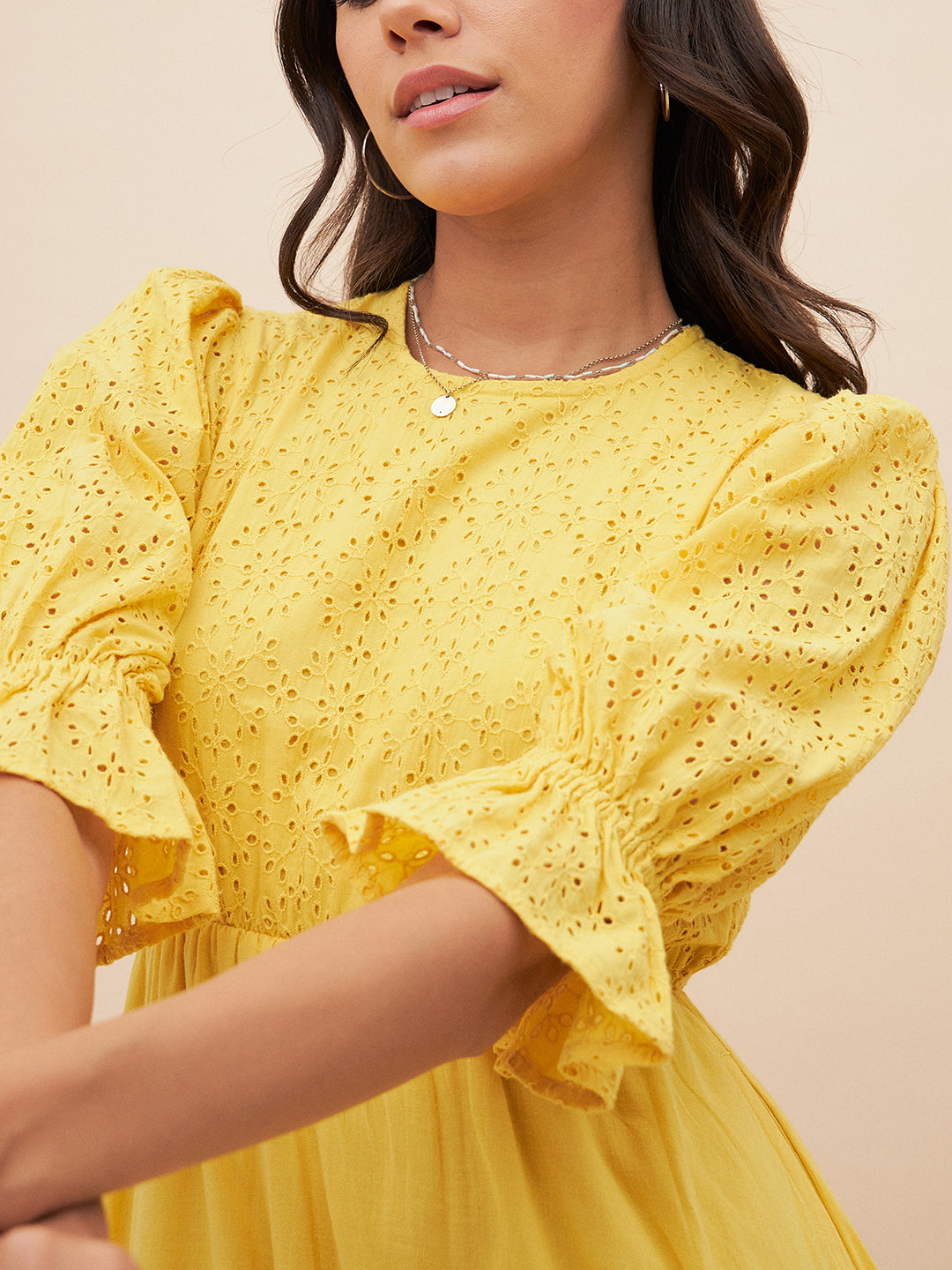 Yellow Ditsy Cotton Schiffli Tiered Midi Dress