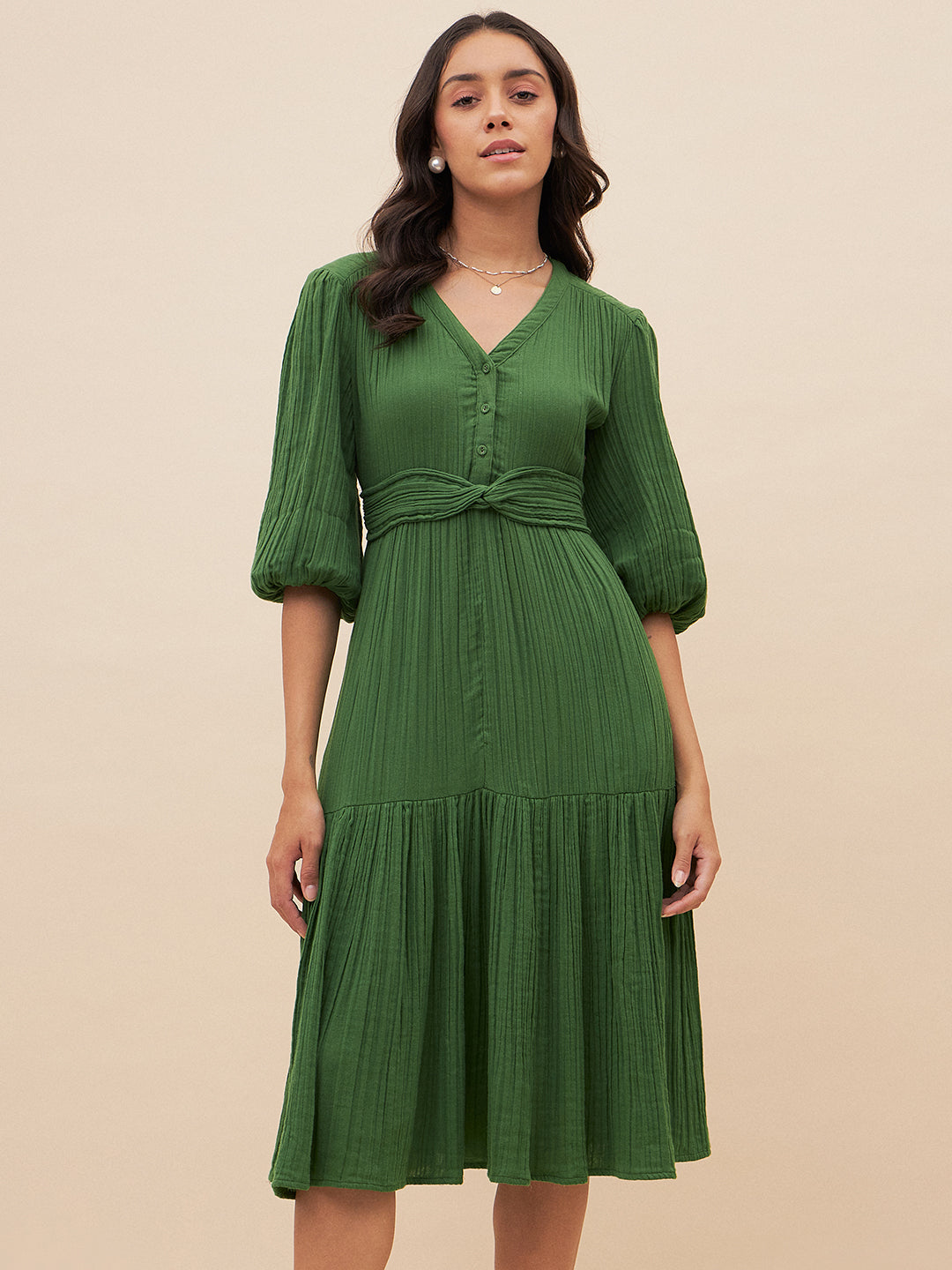 Cotton Gauze Green Knot Detail Midi Dress