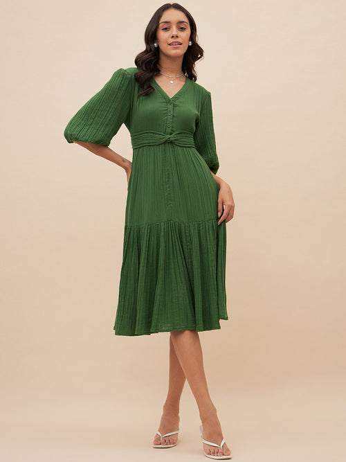 Cotton Gauze Green Knot Detail Midi Dress