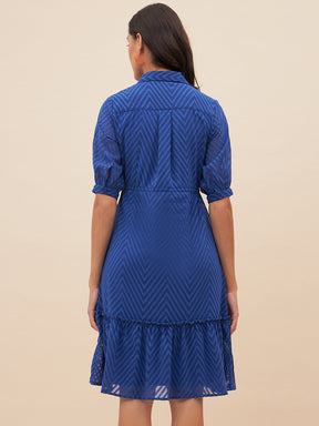 Blue Chevron Dobby Drawstring Detail Knee Length Dress