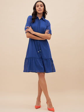 Blue Chevron Dobby Drawstring Detail Knee Length Dress