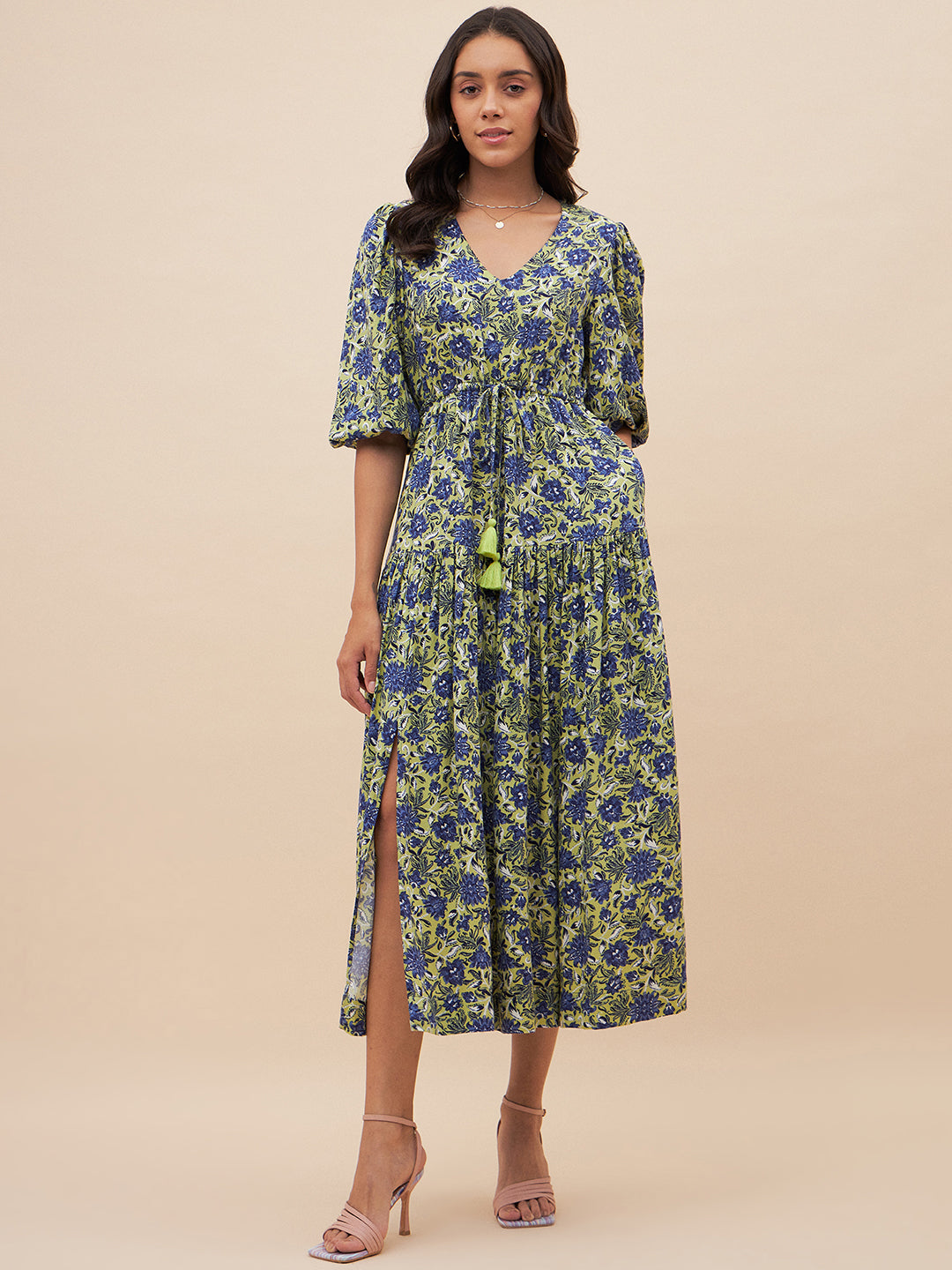 Blue And Green Floral Slit Maxi Dress