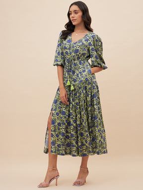 Blue And Green Floral Slit Maxi Dress