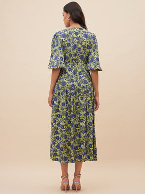 Blue And Green Floral Slit Maxi Dress