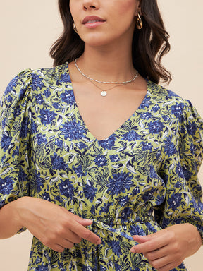 Blue And Green Floral Slit Maxi Dress