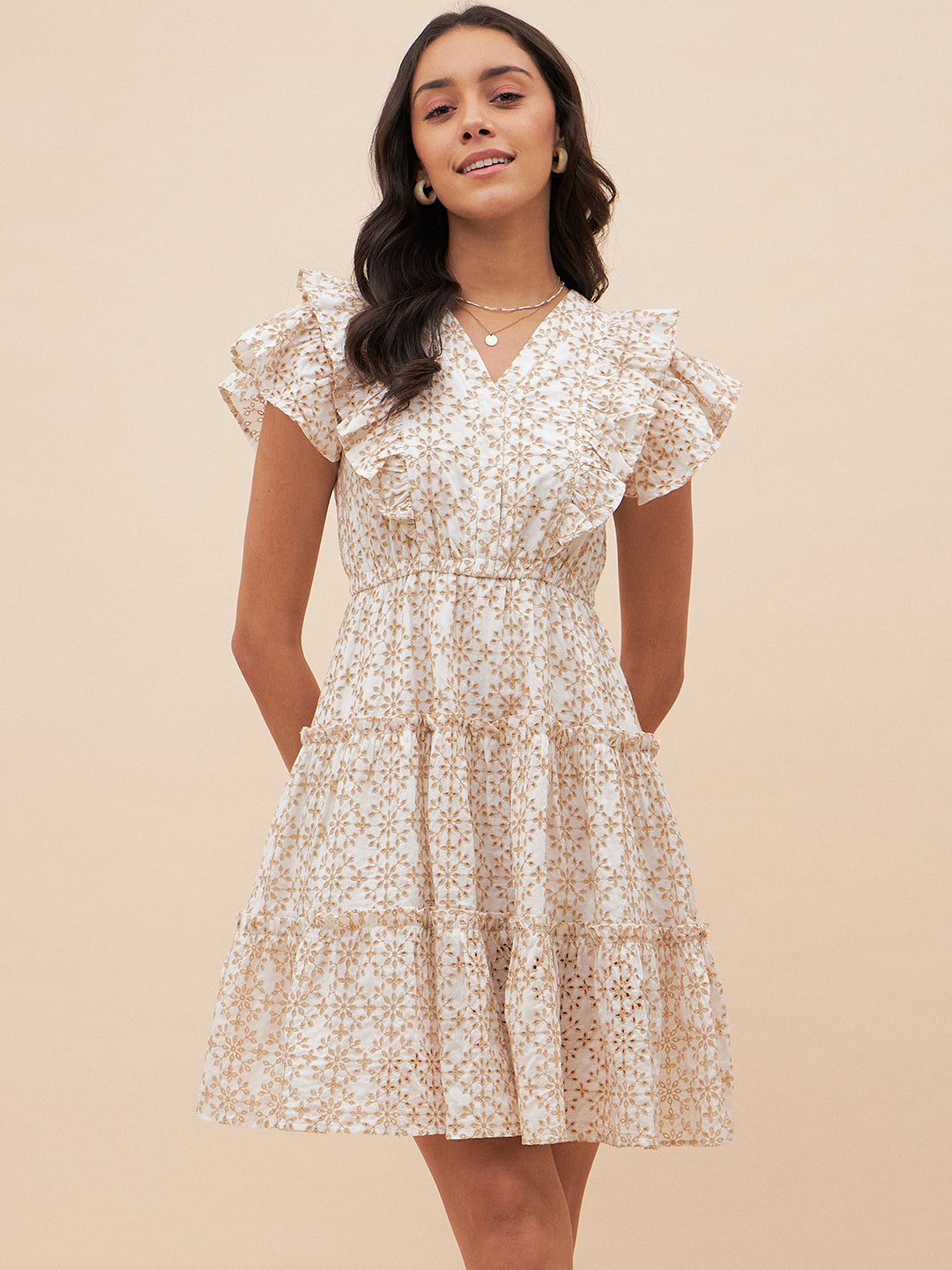 White And Beige Ruffle Tiered Mini Dress
