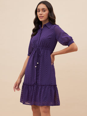 Purple Chevron Dobby Drawstring Detail Knee Length Dress