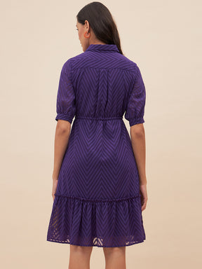 Purple Chevron Dobby Drawstring Detail Knee Length Dress