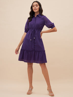 Purple Chevron Dobby Drawstring Detail Knee Length Dress