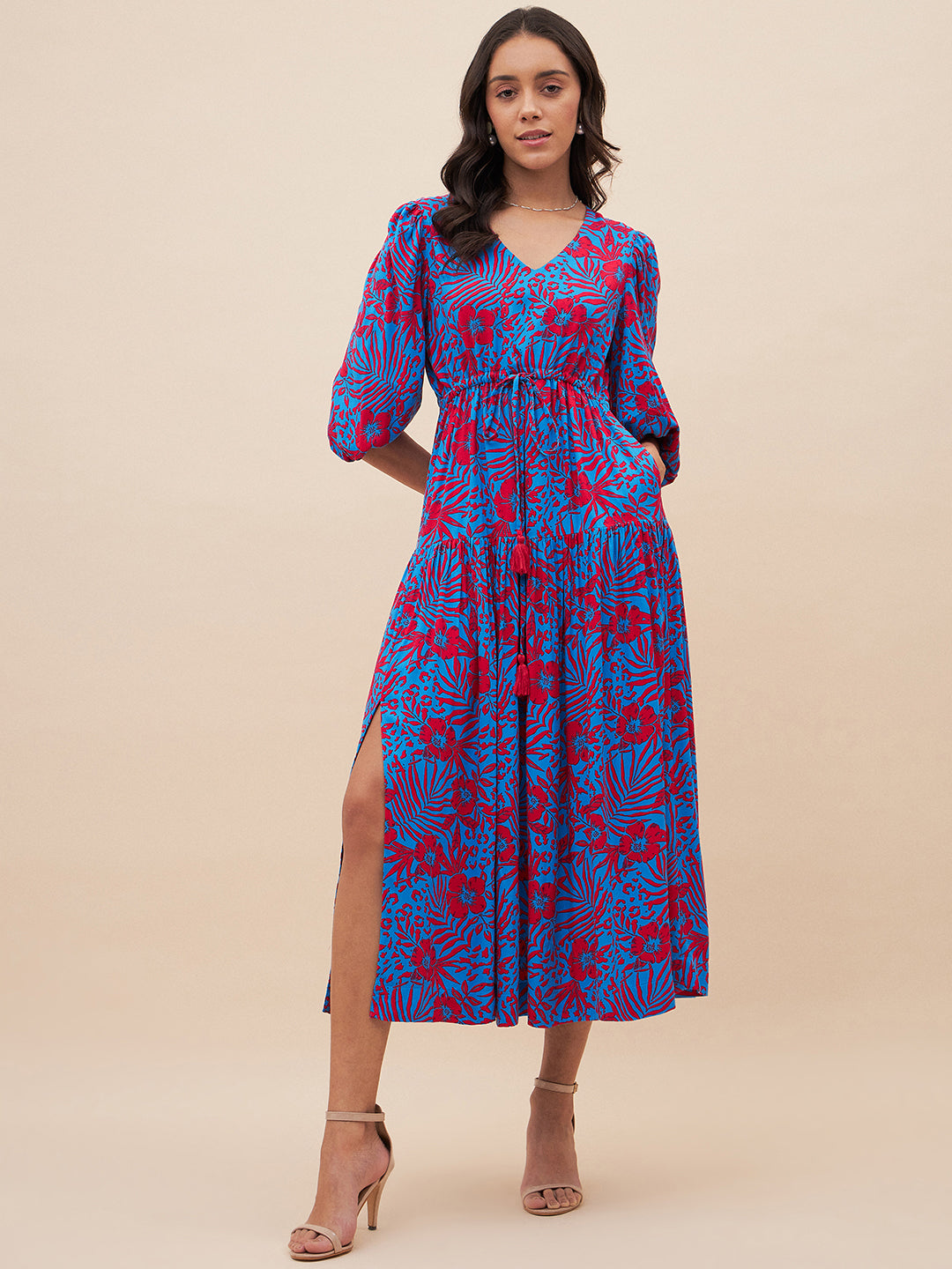 Blue And Red Floral Slit Maxi Dress