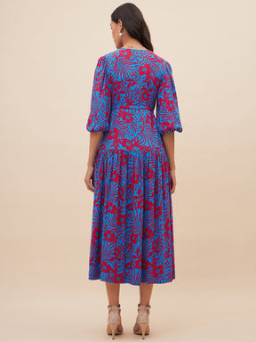 Blue And Red Floral Slit Maxi Dress