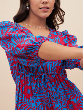 Blue And Red Floral Slit Maxi Dress