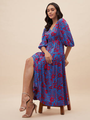 Blue And Red Floral Slit Maxi Dress