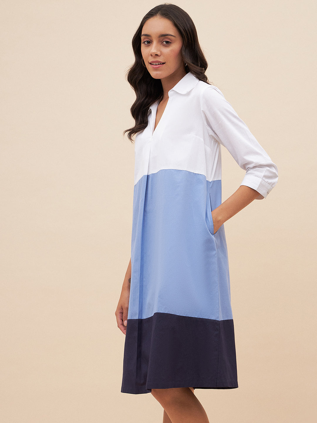 White And Blue Colorblock  Midi Dress