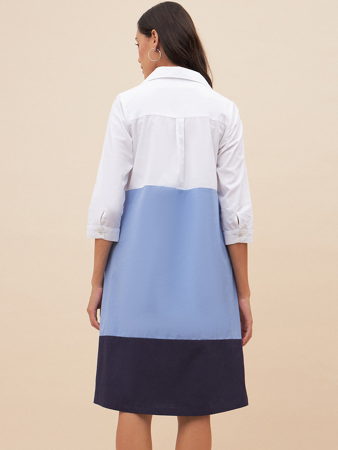 White And Blue Colorblock  Midi Dress