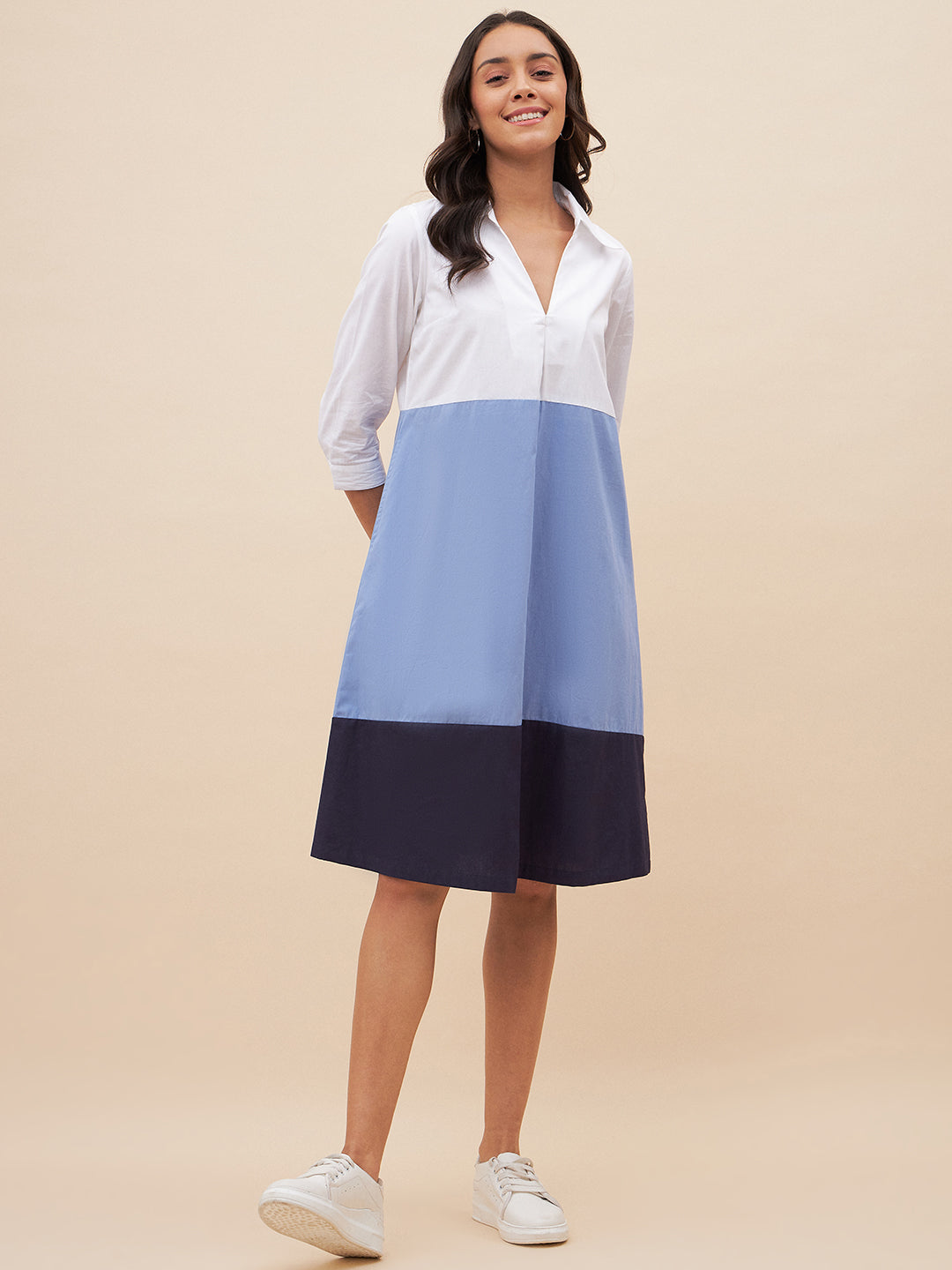 White And Blue Colorblock  Midi Dress